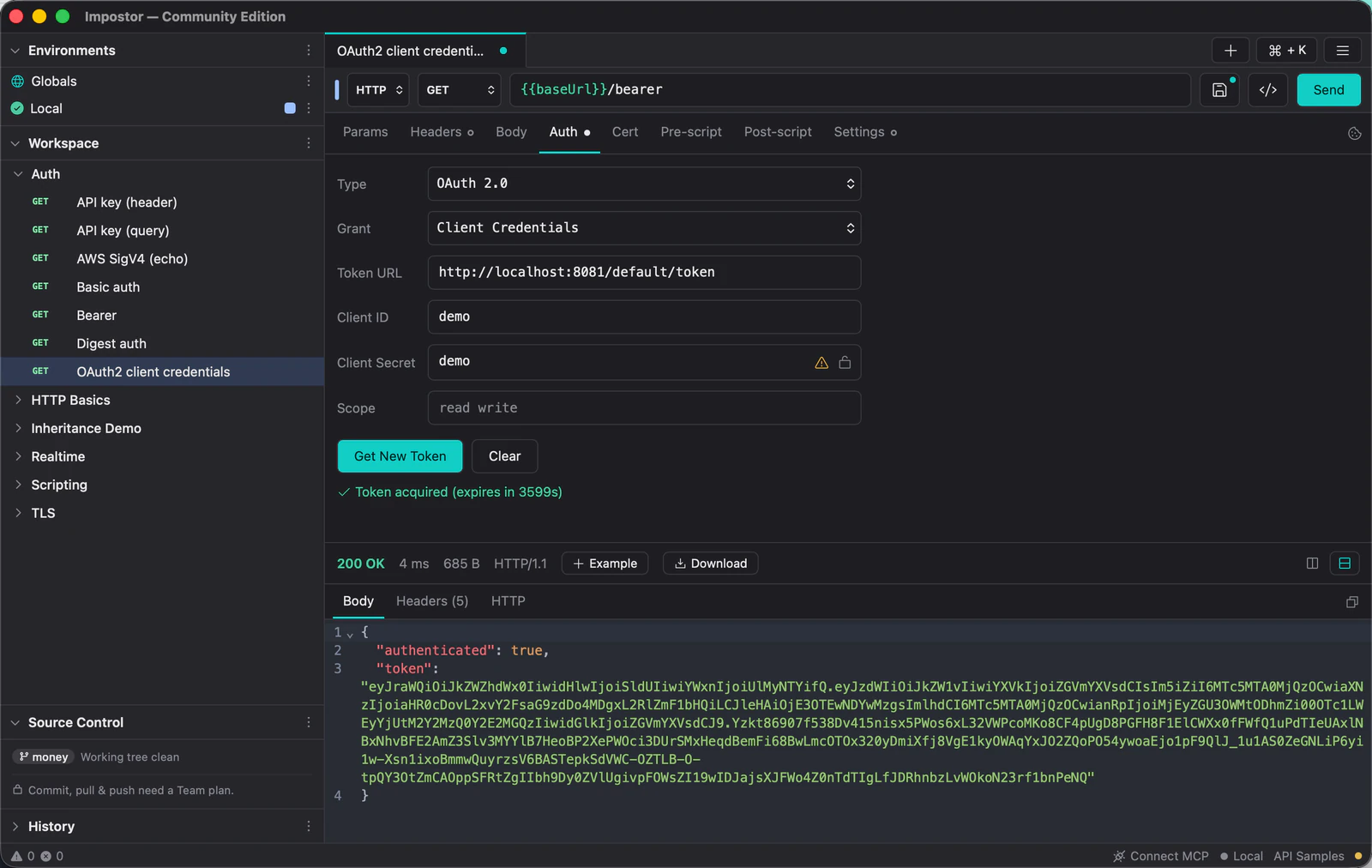 The Auth tab with OAuth 2.0 client credentials configured, and a confirmation that a token was acquired.