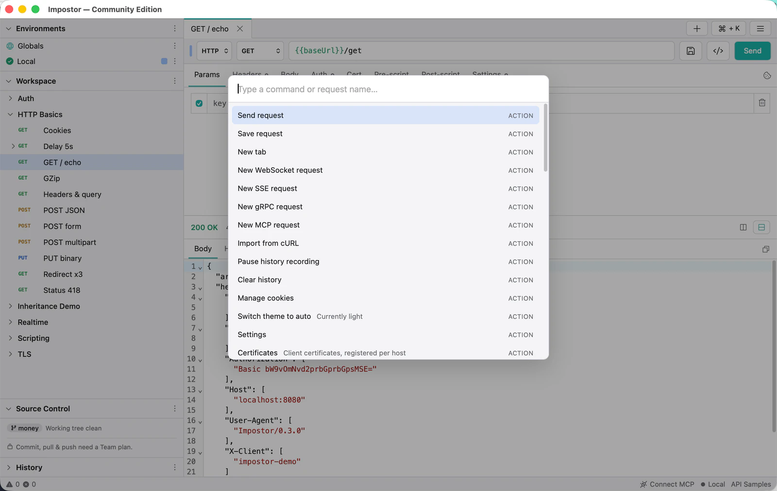 The command palette open over the app, listing actions such as Send request, New tab and Switch theme.