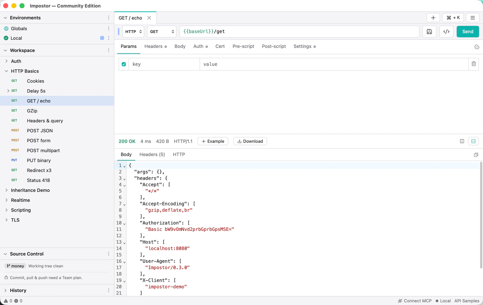 A GET request to the workspace base URL with a 200 OK response showing pretty-printed JSON, timing and size.