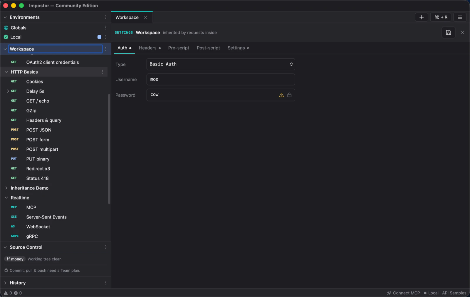 The workspace settings tab showing Basic Auth credentials that requests inside the workspace inherit.