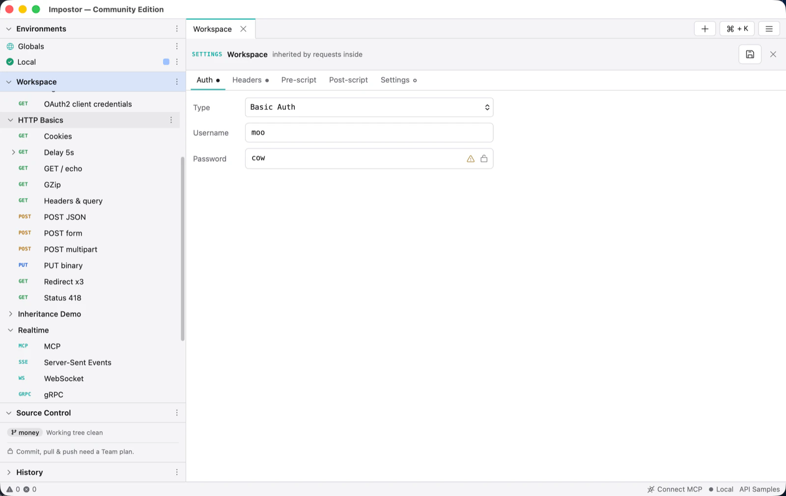 The workspace settings tab showing Basic Auth credentials that requests inside the workspace inherit.