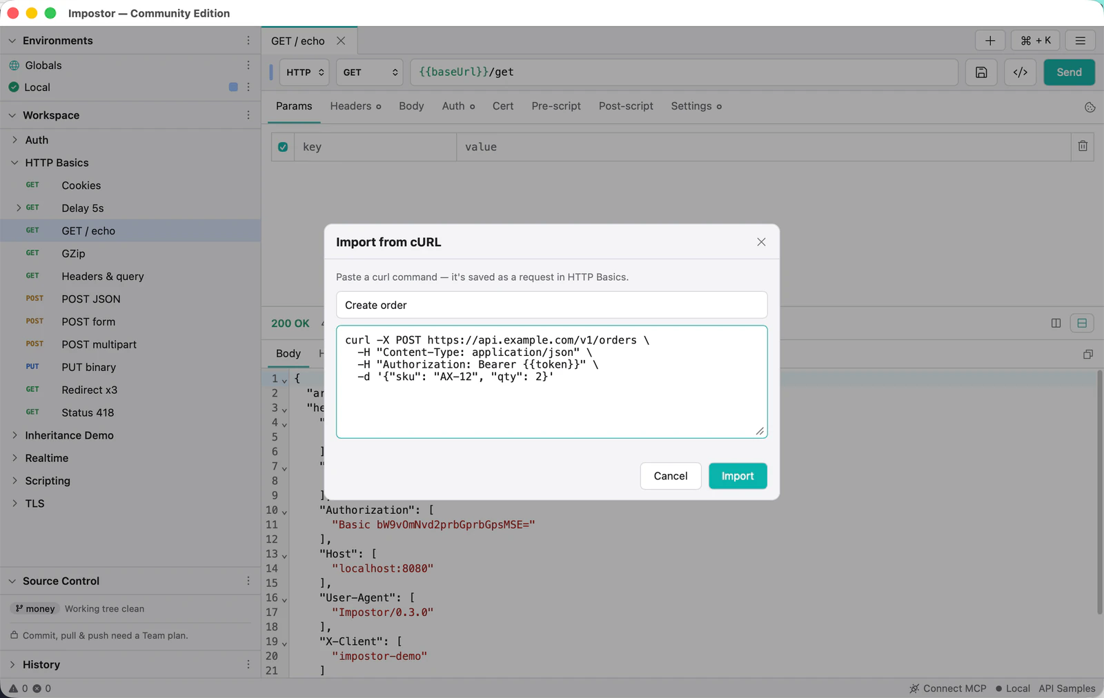 The Import from cURL dialog with a multi-line curl command pasted in and a request name filled out.