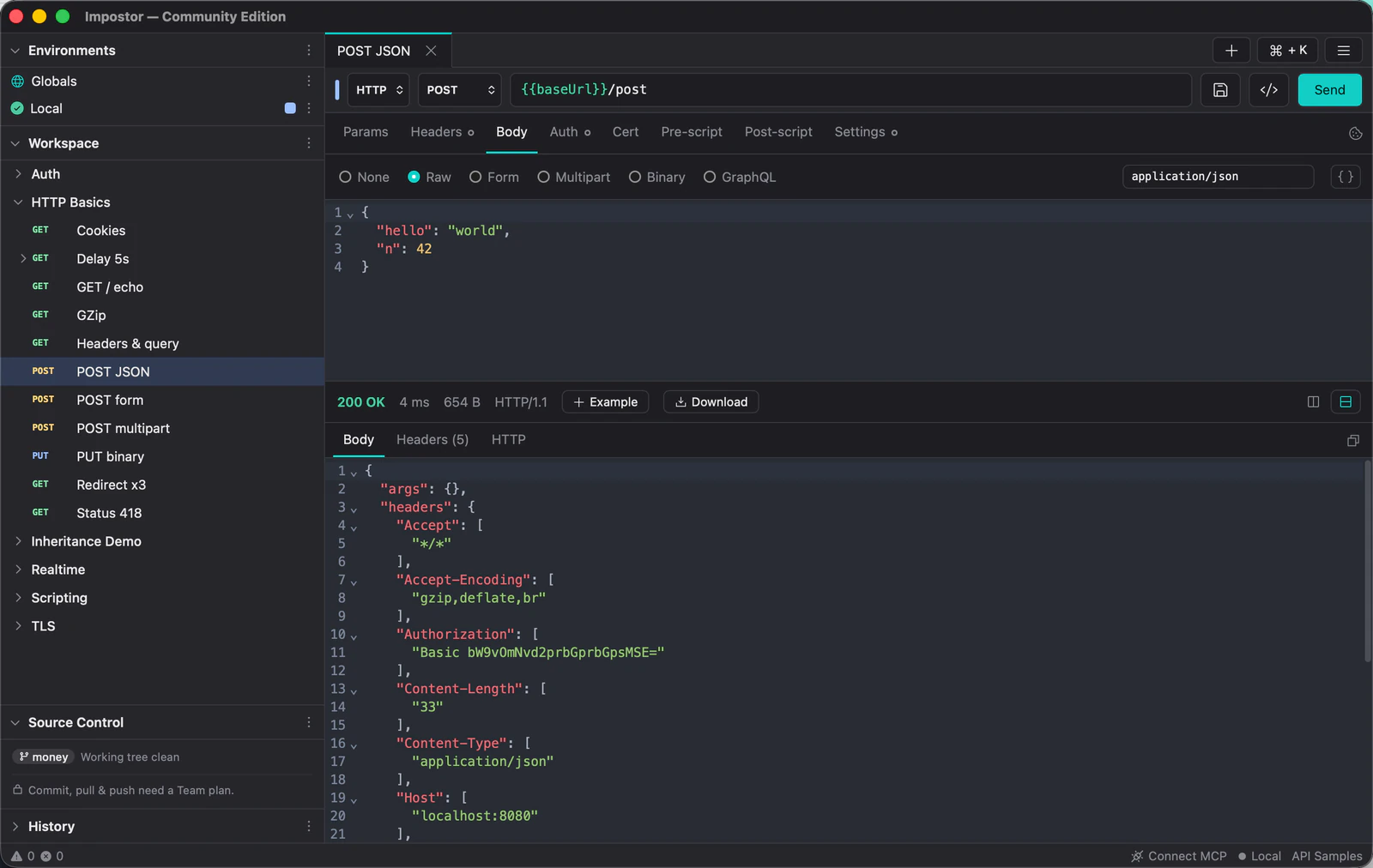 The Mitey main window: workspace tree on the left, a POST request with a JSON body in the middle, and the pretty-printed 200 OK response below it.