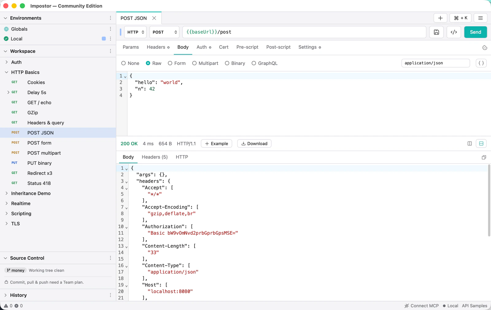 The Mitey main window: workspace tree on the left, a POST request with a JSON body in the middle, and the pretty-printed 200 OK response below it.