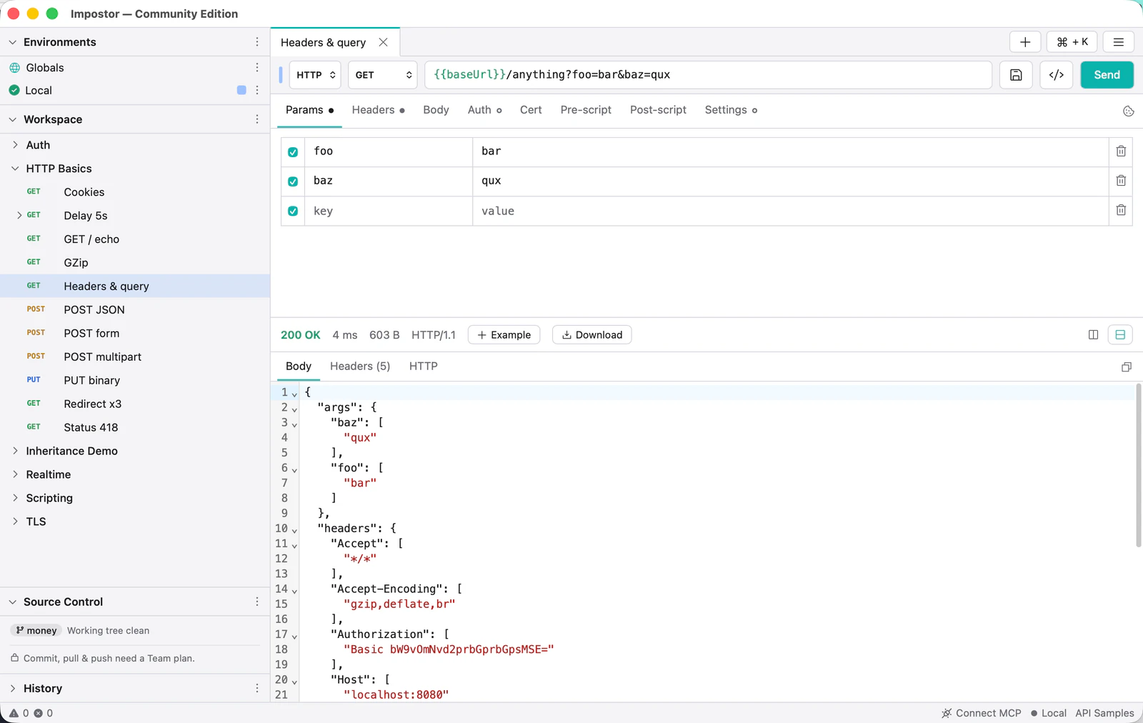 The Params tab of a request, listing foo=bar and baz=qux as editable rows, above the JSON response.