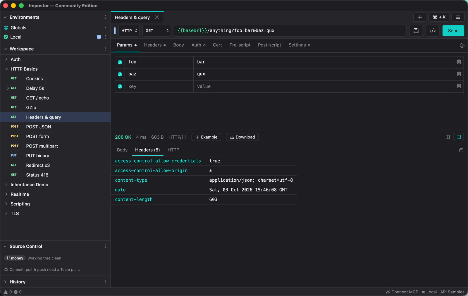 The response pane with the Headers tab selected, listing five response headers and their values.