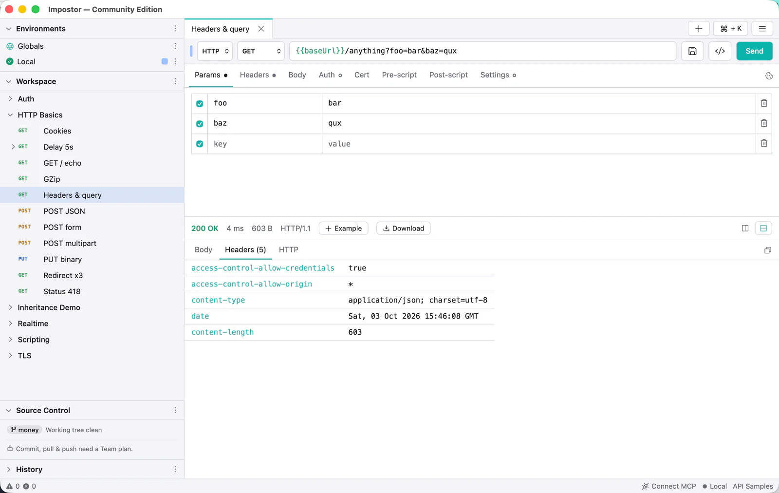 The response pane with the Headers tab selected, listing five response headers and their values.