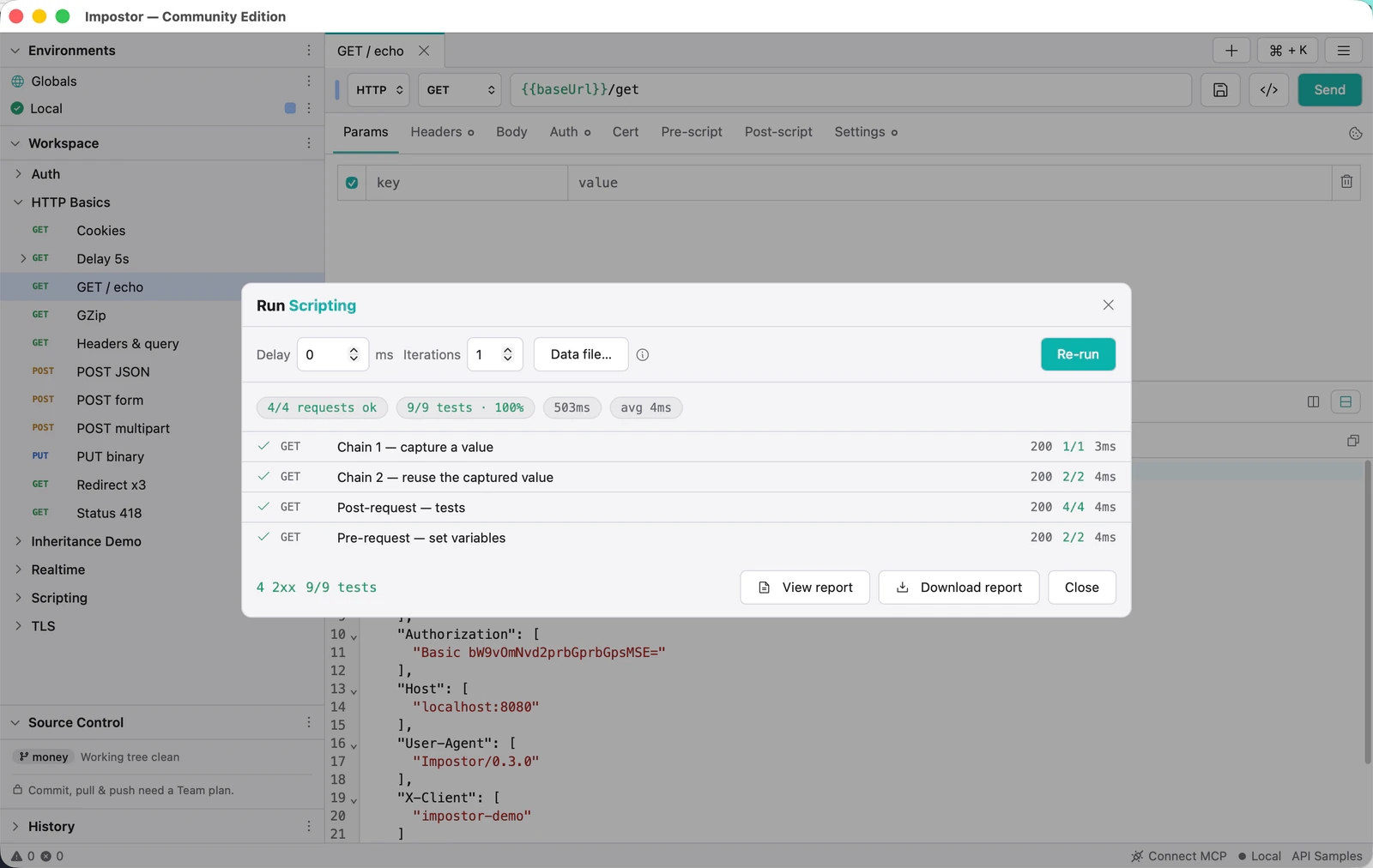 The collection runner after a run, showing four requests passed, nine of nine tests passing, and per-request timings.