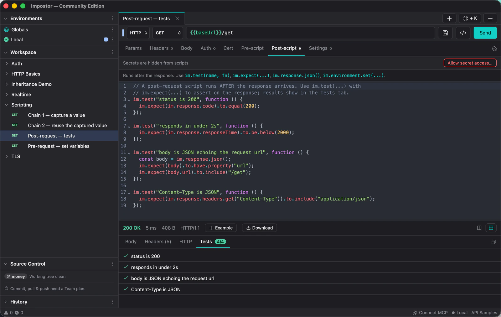 A post-request script using mt.test and mt.expect, with the response pane's Tests tab showing four passing assertions.