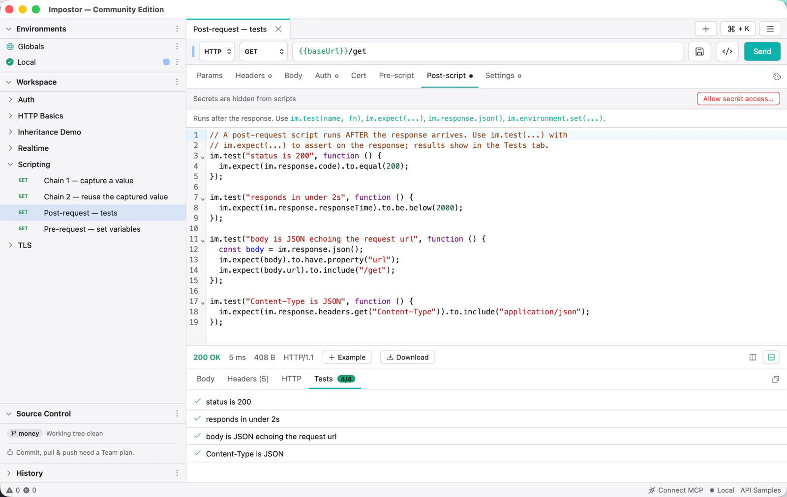 A post-request script using mt.test and mt.expect, with the response pane's Tests tab showing four passing assertions.