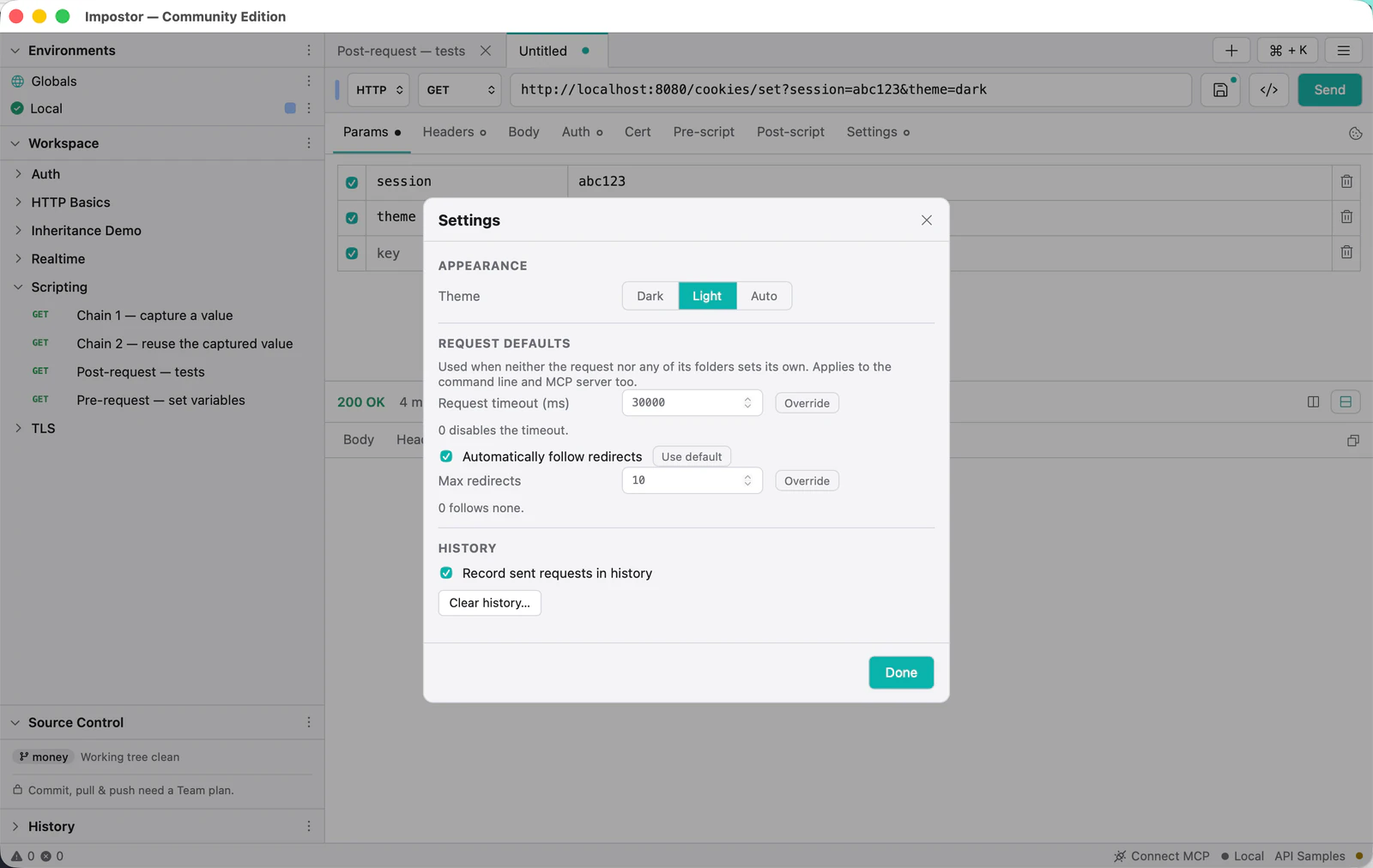 The Settings dialog showing appearance, request defaults for timeout and redirect following, and history options.