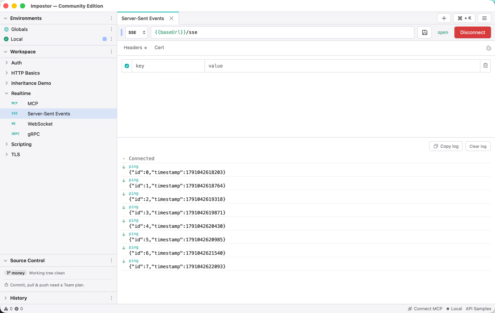 A connected SSE request with a list of parsed ping events, each showing its JSON data payload.